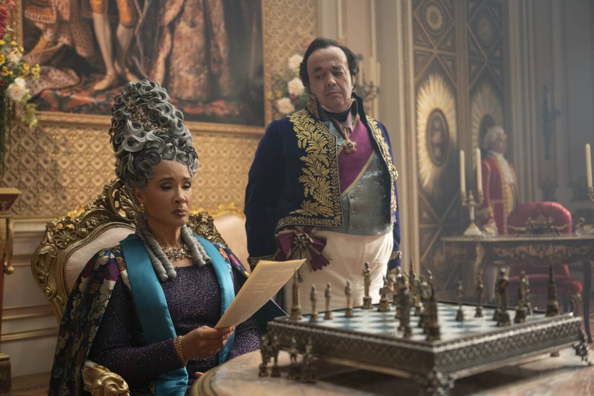 Bridgerton. (L to R) Golda Rosheuvel as Queen Charlotte, Hugh Sachs as Brimsley in episode 402 of Bridgerton. Cr. Liam Daniel/Netflix © 2025