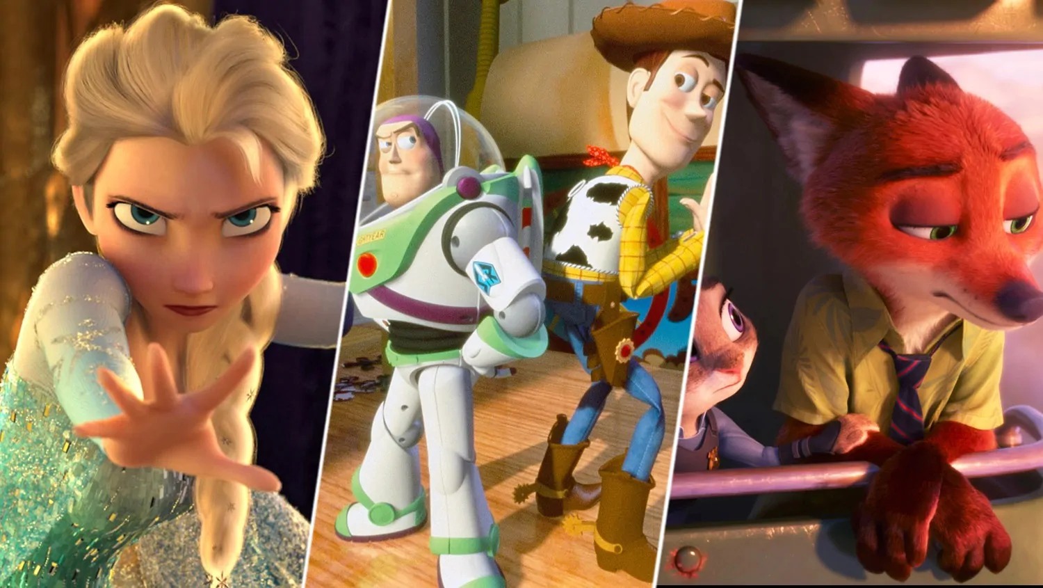 collage di tre immagini di Frozen Toy Story e Zootropolis