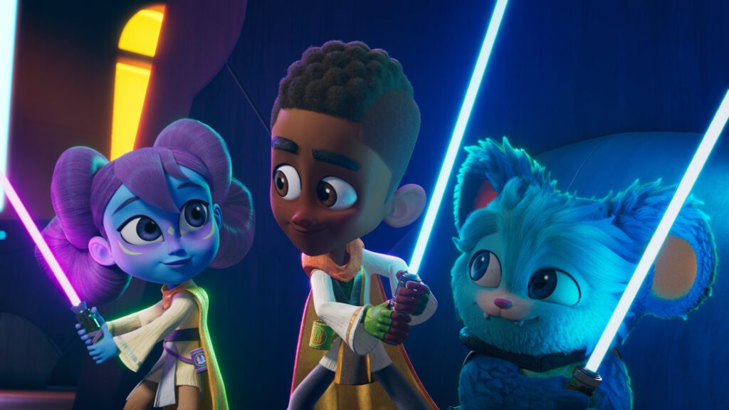 tre personaggi animati con le spade laser