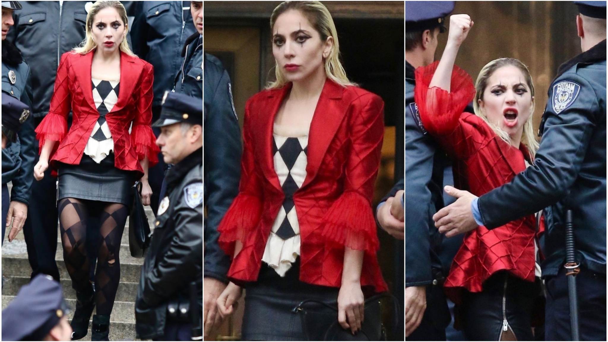 una donna bionda con una giacca rossa