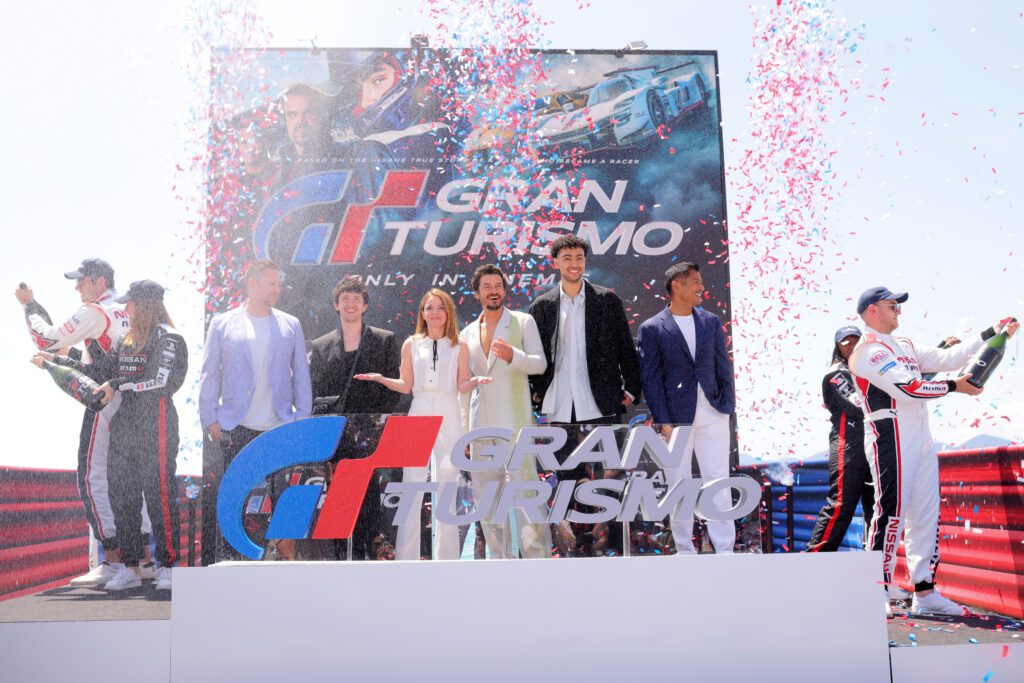 CANNES, FRANCE - MAY 26: GRAN TURISMO: THE MOVIE cast, (L-R) Neill Blomkamp, Maximilian Mundt, Geri Halliwell, Orlando Bloom, Archie Madekwe and Asad Qizilbash attend the 2023 Cannes Film Festival Photo Call on May 26, 2023 in Cannes, France. (Photo by Victor Boyko/Getty Images for Sony Pictures )