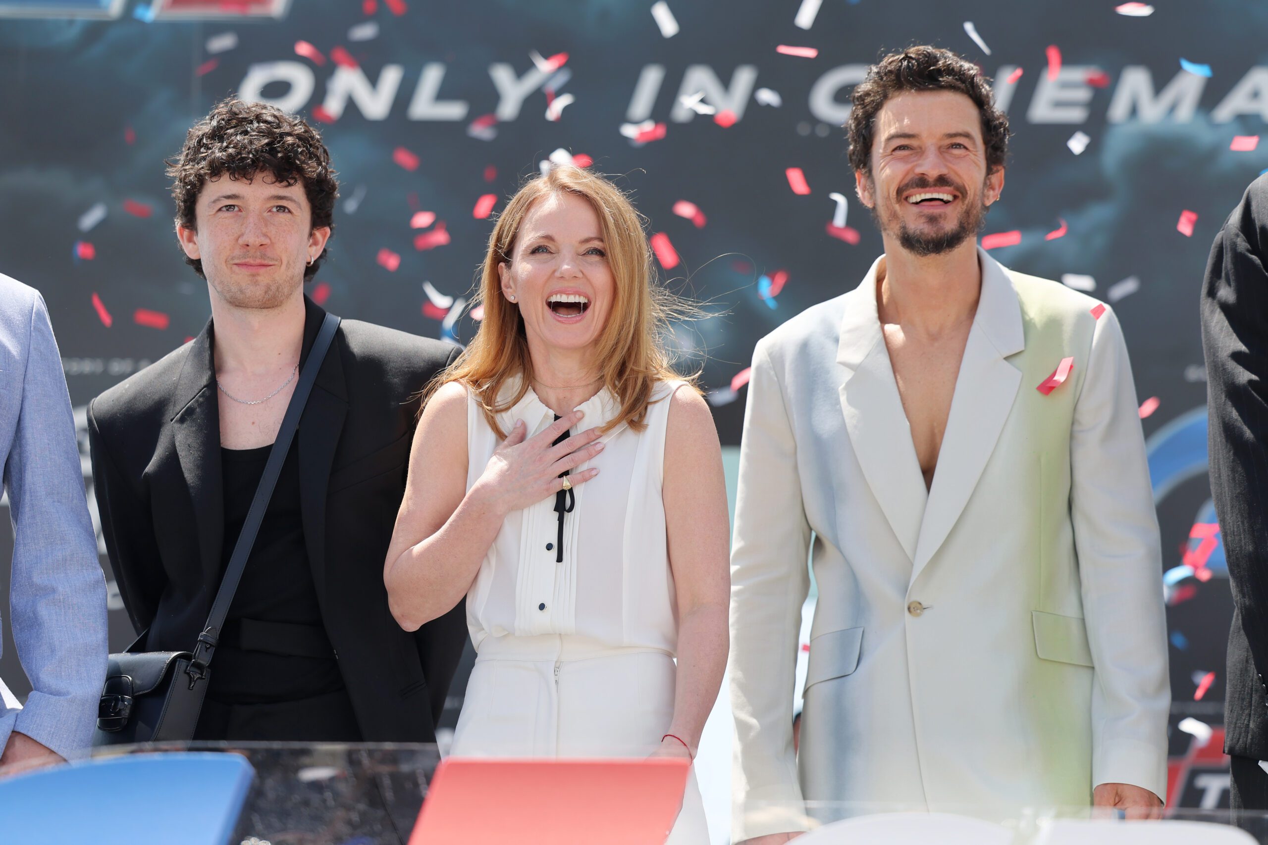 CANNES, FRANCE - MAY 26: GRAN TURISMO: THE MOVIE cast, (L-R) Maximilian Mundt, Geri Halliwell, Orlando Bloom attend the 2023 Cannes Film Festival Photo Call on May 26, 2023 in Cannes, France. (Photo by Victor Boyko/Getty Images for Sony Pictures )