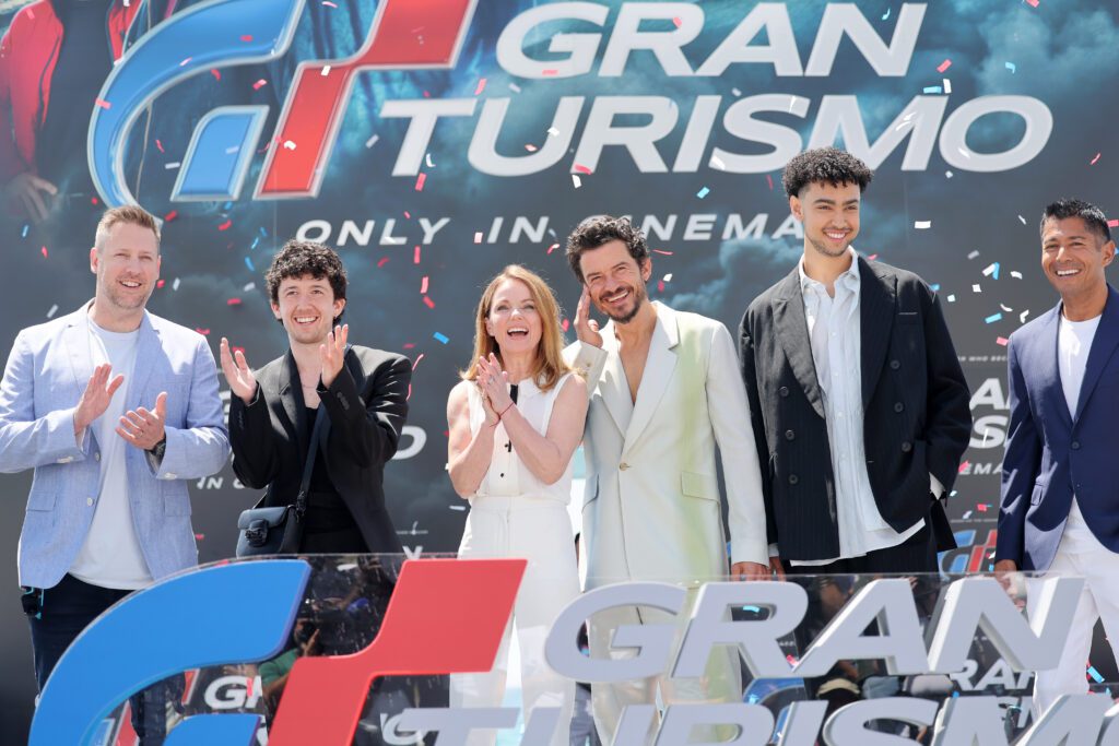 CANNES, FRANCE - MAY 26: GRAN TURISMO: THE MOVIE cast, (L-R) Neill Blomkamp, Maximilian Mundt, Geri Halliwell, Orlando Bloom, Archie Madekwe and Asad Qizilbash attend the 2023 Cannes Film Festival Photo Call on May 26, 2023 in Cannes, France. (Photo by Victor Boyko/Getty Images for Sony Pictures )