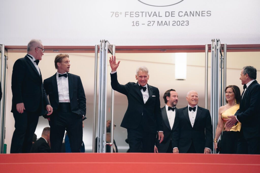 MAY 18, 2023 : Harrison Ford, Phoebe Waller-Bridge, Mads Mikkelsen, Boyd Holbrook, Ethann Isidore & James Mangold at the end of Indiana Jones and The Dial of Destiny screening during the 76th Cannes Film Festival.