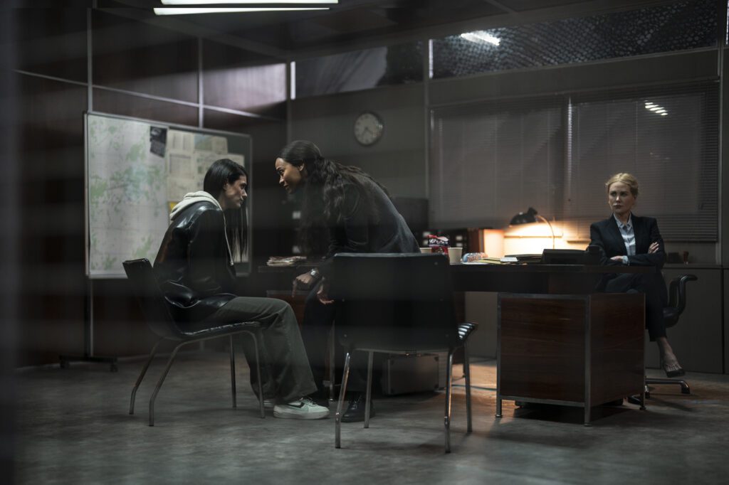 L-R Laysla De Oliveira as Cruz Manuelos, Zoe Saldana as Joe, and Nicole Kidman as Kaitlyn Meade in Lioness episode 7, Season 1 streaming on Paramount+, 2023. Photo Credit: Luke Varley/Paramount+