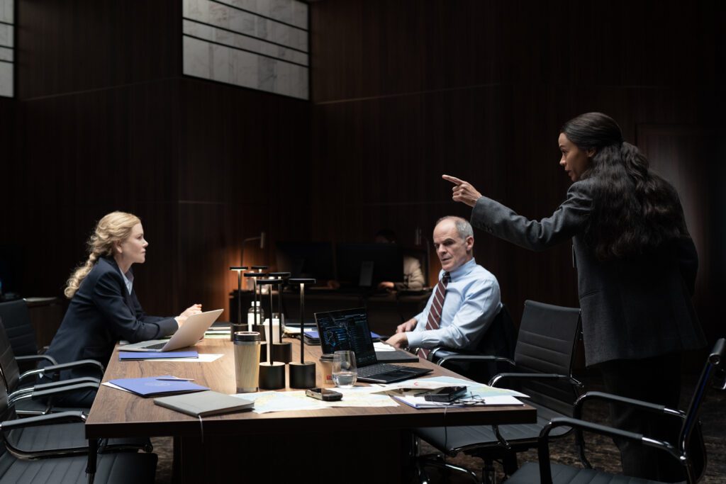 L-R Nicole Kidman as Kaitlyn Meade, Michael Kelly as Bryon Westfield and Zoe Saldana as Joe in Lioness episode 7, Season 1 streaming on Paramount+, 2023. Photo Credit: Luke Varley/Paramount+