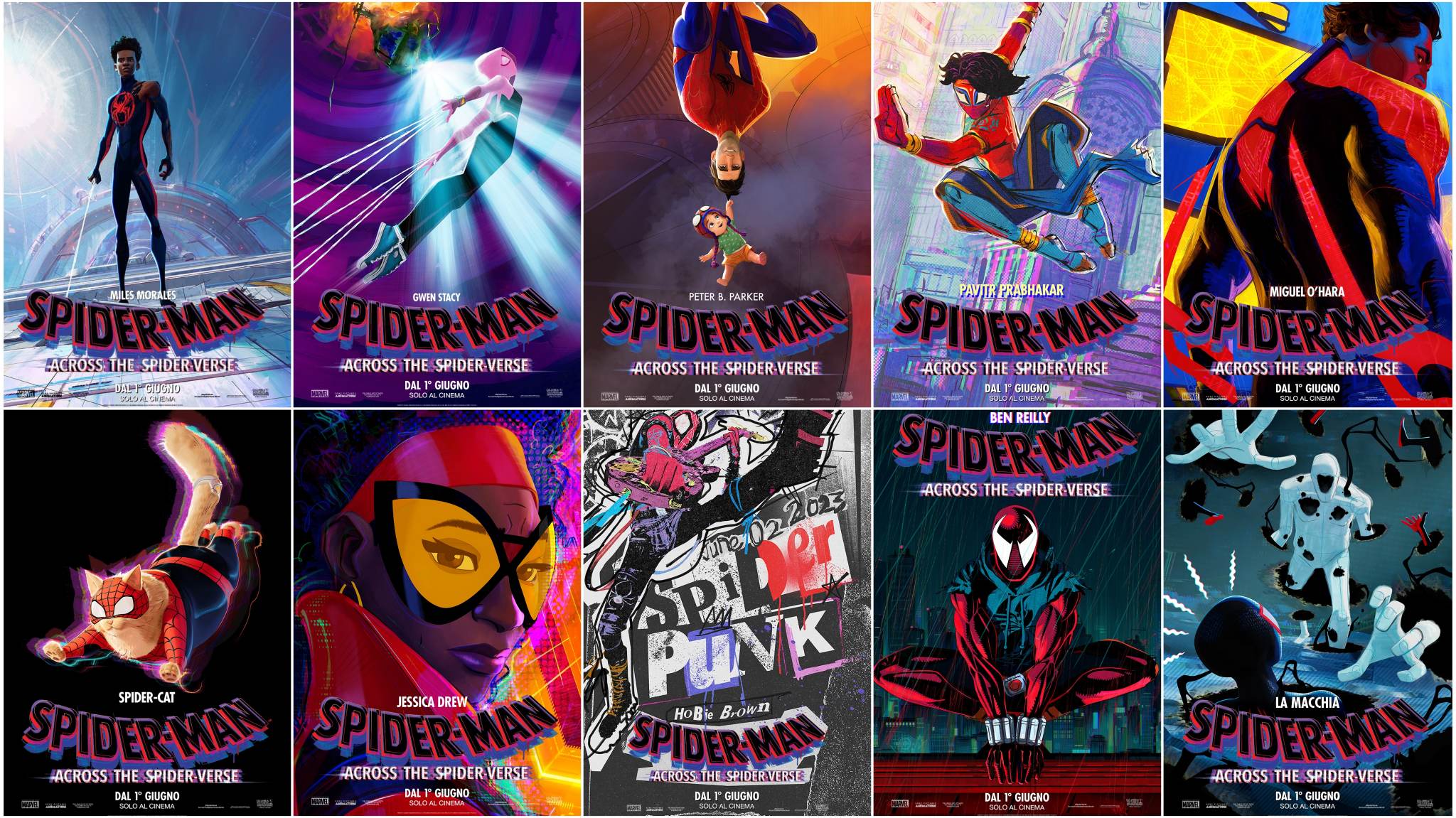 collage character poster spider man across the spider verse