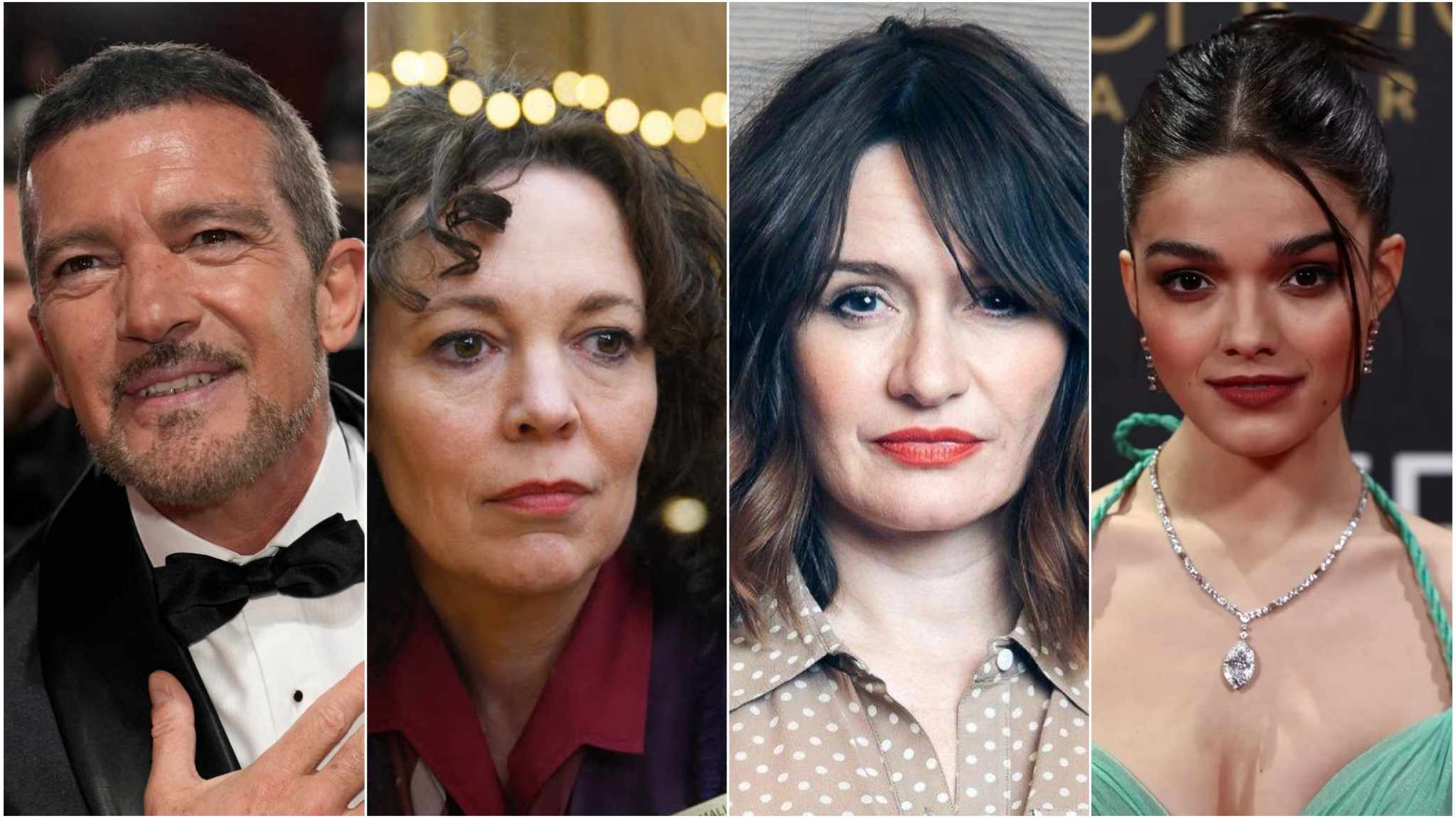 collage immagini antonio banderas, olivia colman, emily mortimer e rachel zegler