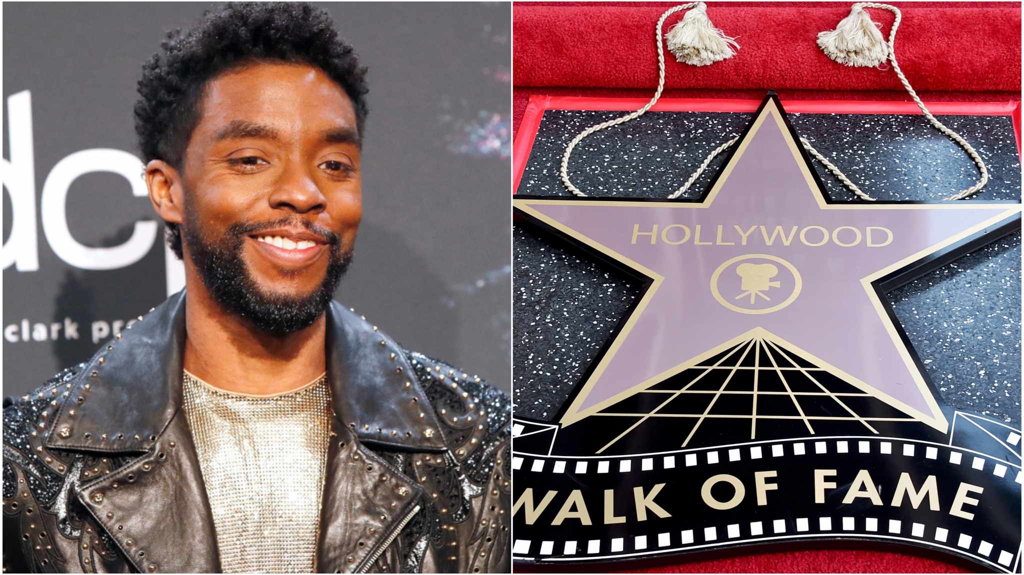collage immagini chadwick boseman e holywood walk of fame