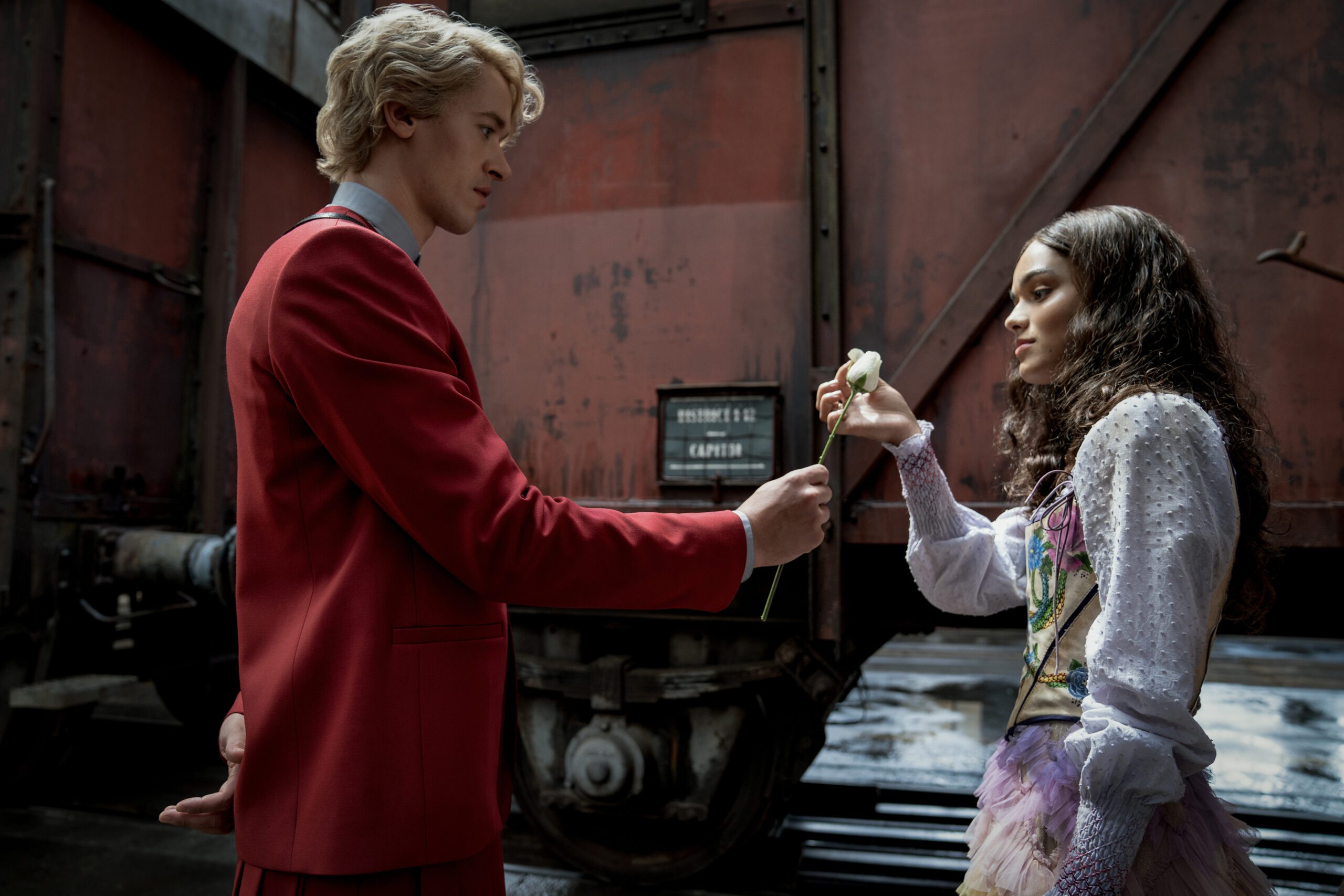 Tom Blyth as Coriolanus Snow and Rachel Zegler as Lucy Gray Baird in The Hunger Games: The Ballad of Songbirds and Snakes. Photo Credit: Murray Close