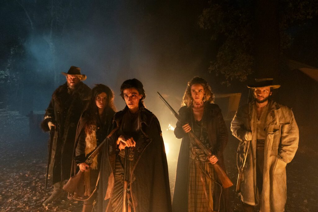 Briganti. (L to R) Orlando Cinque as Pietro Monaco, Ivana Lotito as Ciccila, Michela De Rossi as Filomena, Matilda Lutz as Michelina, Marlon Joubert as Schiavone in Briganti. Cr. Francesco Berardinelli/Netflix © 2023