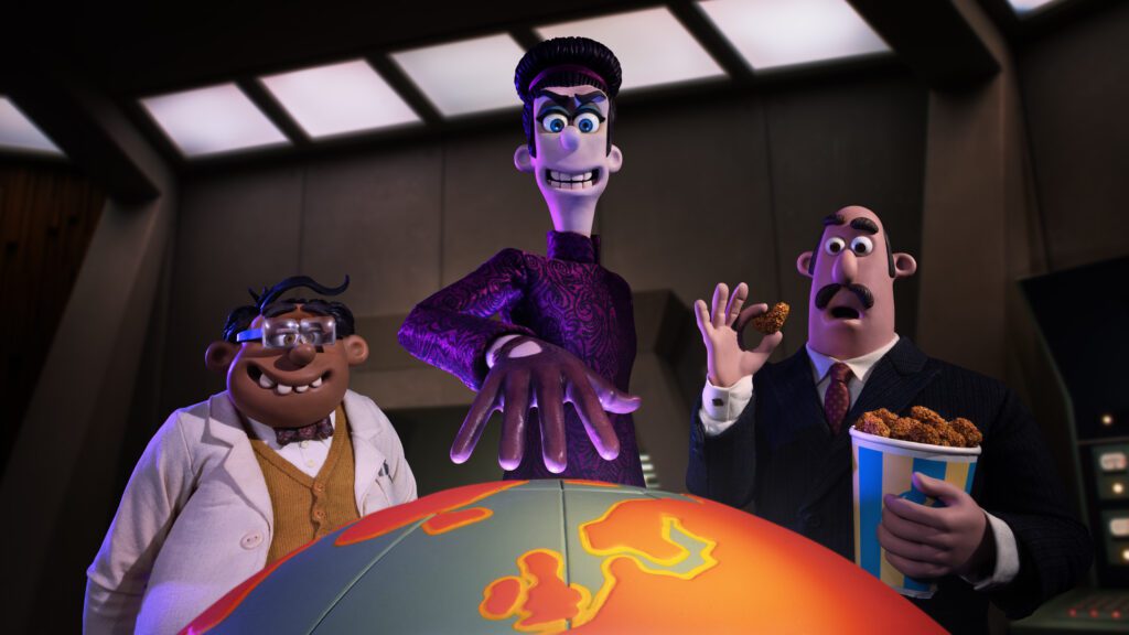 Chicken Run: Dawn of the Nugget. (L to R) Dry Fry (Nick Mohammed), Mrs Tweedy (Miranda Richardson), Sir Eatalot (Matt Berry) in Chicken Run: Dawn of the Nugget. Cr: Aardman/NETFLIX © 2023