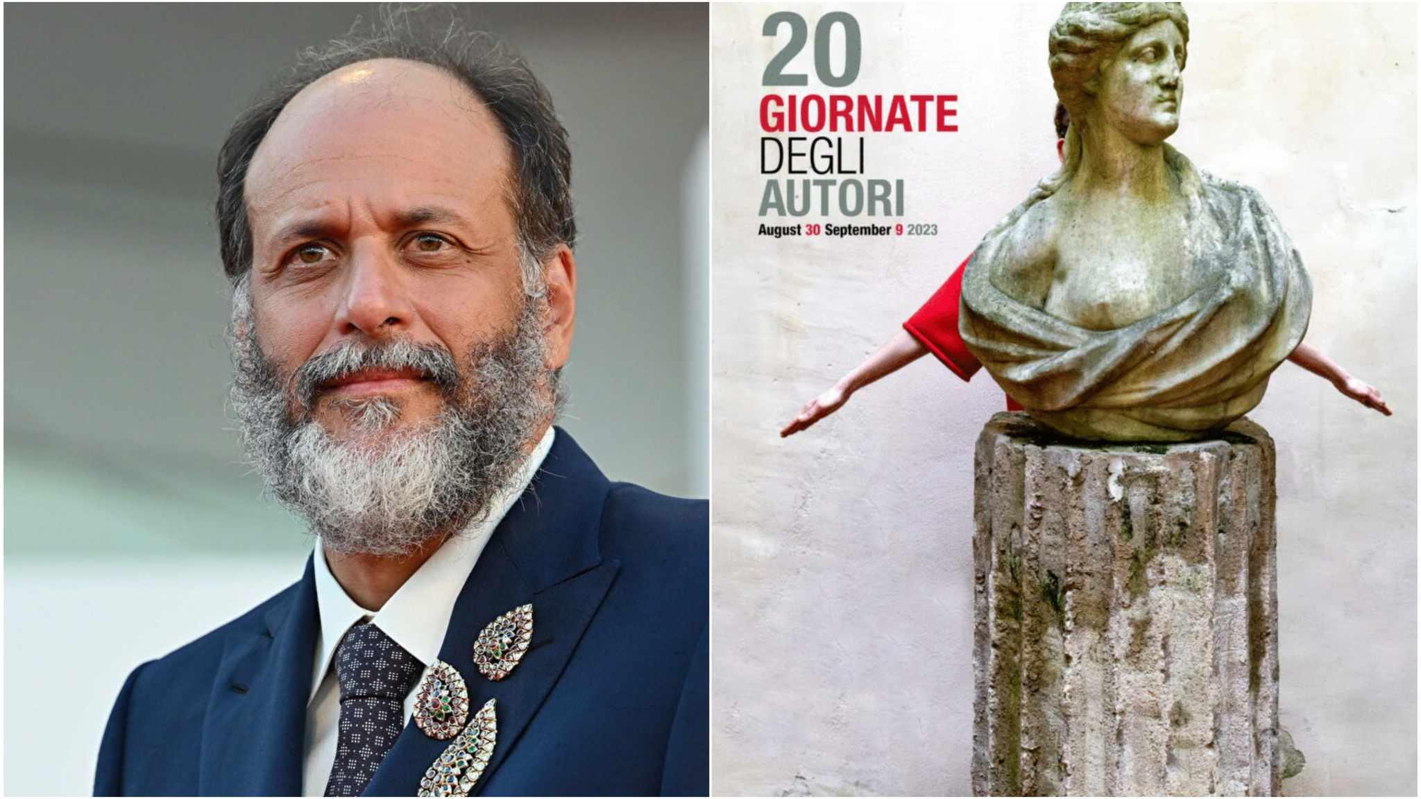 collage immagini Luca Guadagnino e locandina GDA 2023