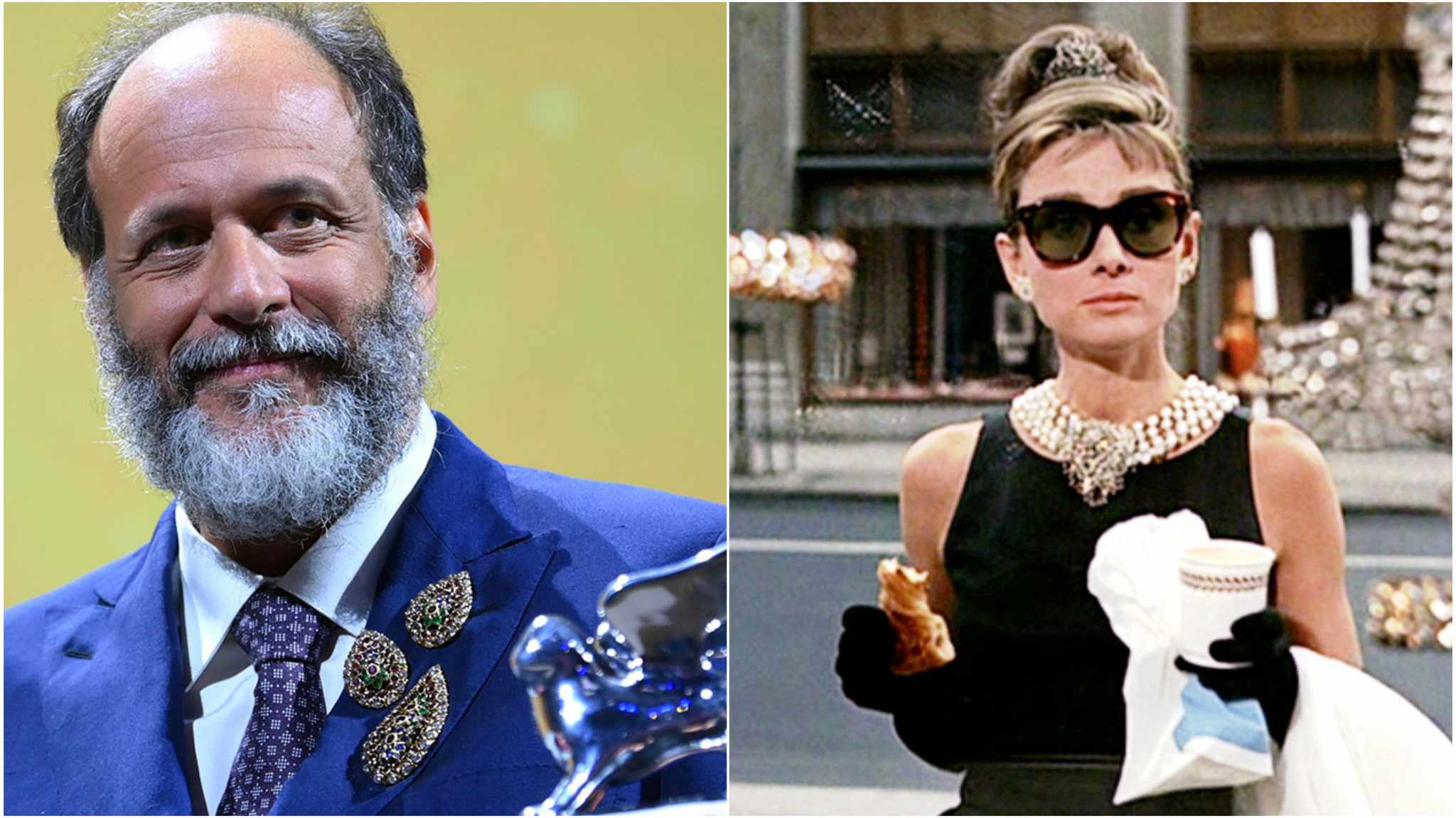 collage immagine luca guadagnino e audrey hepburn