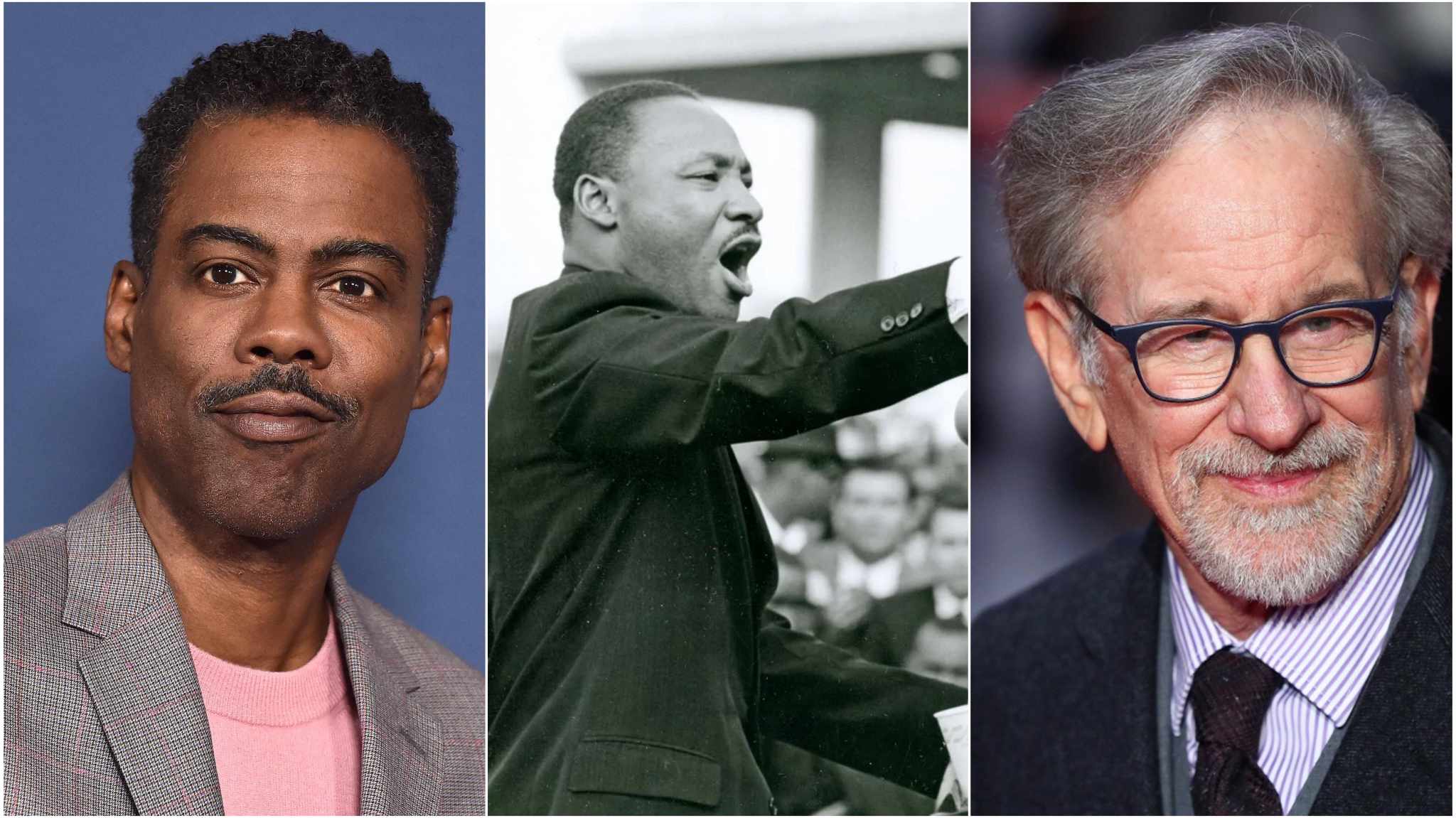 collage immagini Chris Rock, Martin Luthr King e Steven Spielberg