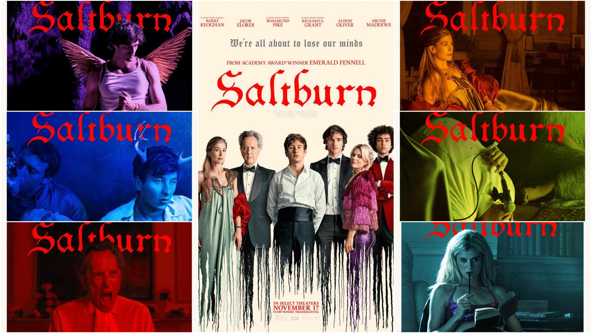 collage character poster saltburn