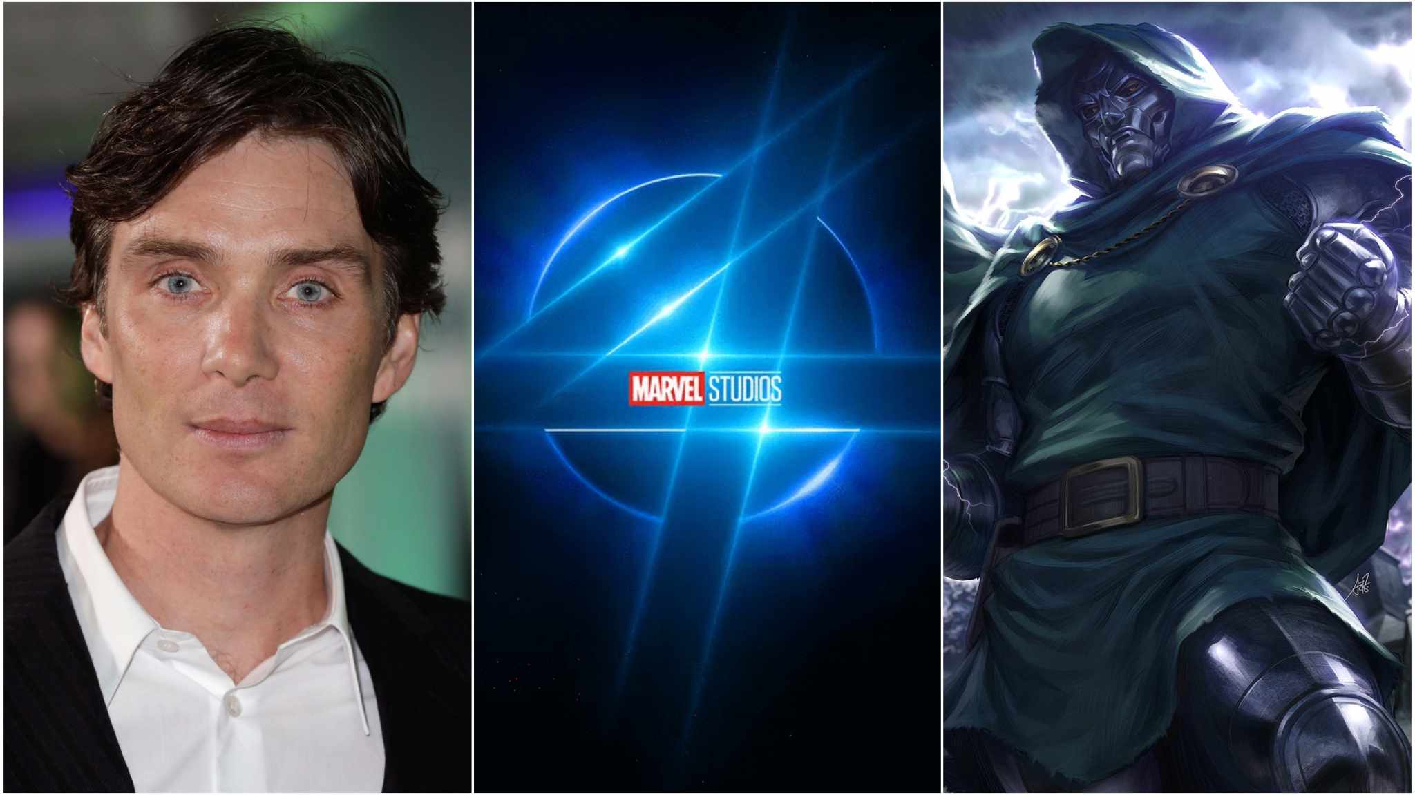 collage immagini cillian murphy, logo fantastic four e dottor destino