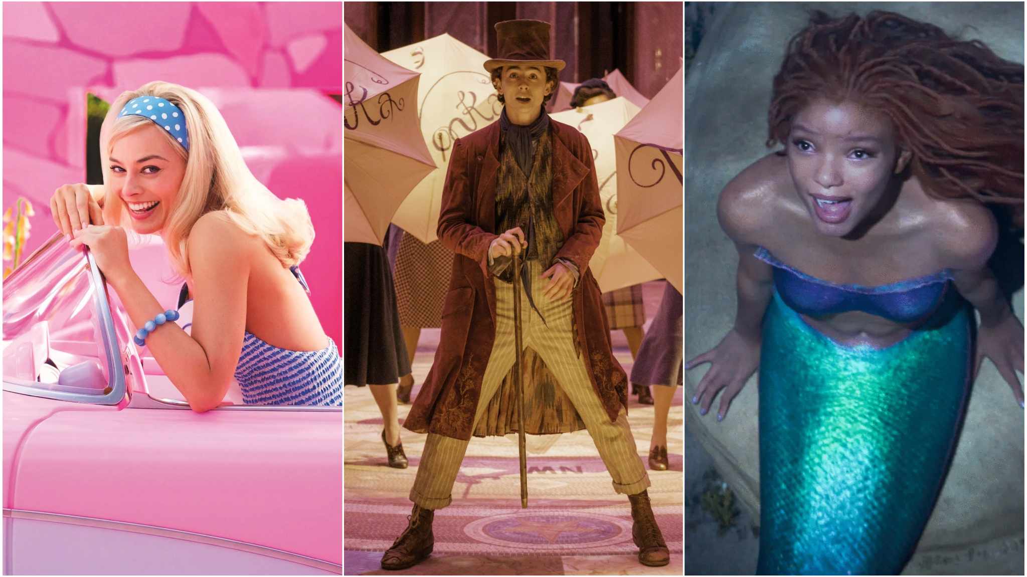 collage immagino barbie, wonka e la sirenetta