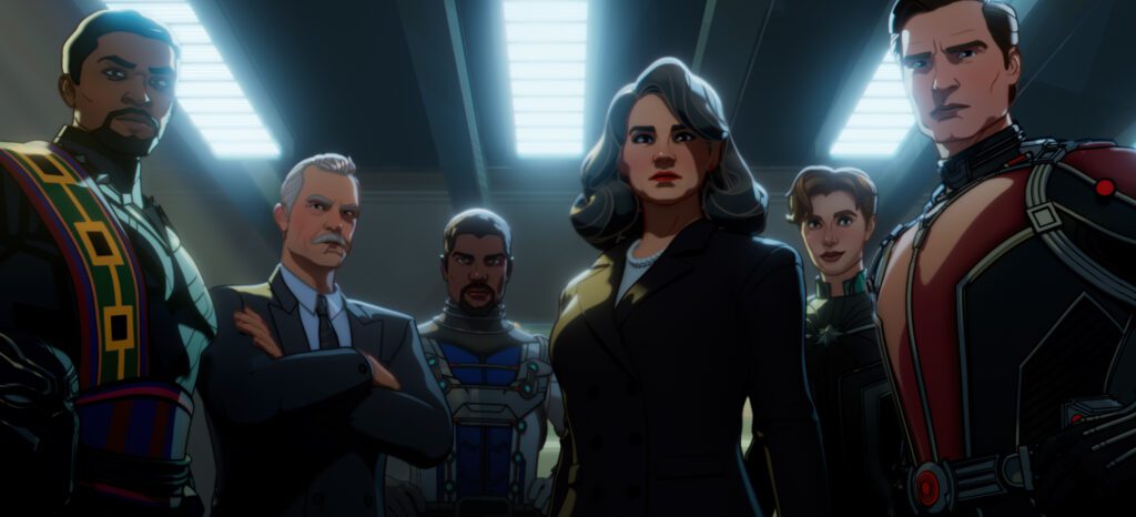 (L-R): Black Panther/King T’Chaka, Howard Stark, Bill Foster/Goliath, Peggy Carter, Dr. Wendy Lawson/Mar-vell, and Hank Pym/Ant-Man in Marvel Studios' WHAT IF…?, Season 2 exclusively on Disney+. © 2023 MARVEL.