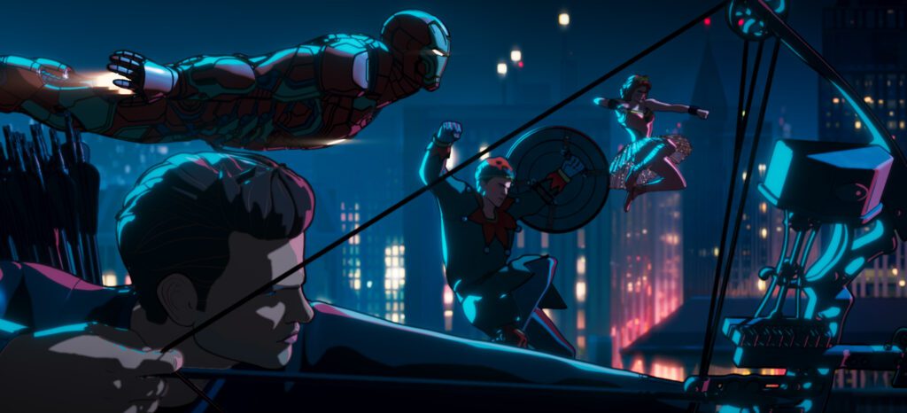 (L-R): Hawkeye/Clint Barton, Iron Man/Tony Stark, Captain America/Steve Rogers, and Black Widow/Natasha Romanoff in Marvel Studios' WHAT IF…?, Season 2 exclusively on Disney+. © 2023 MARVEL.