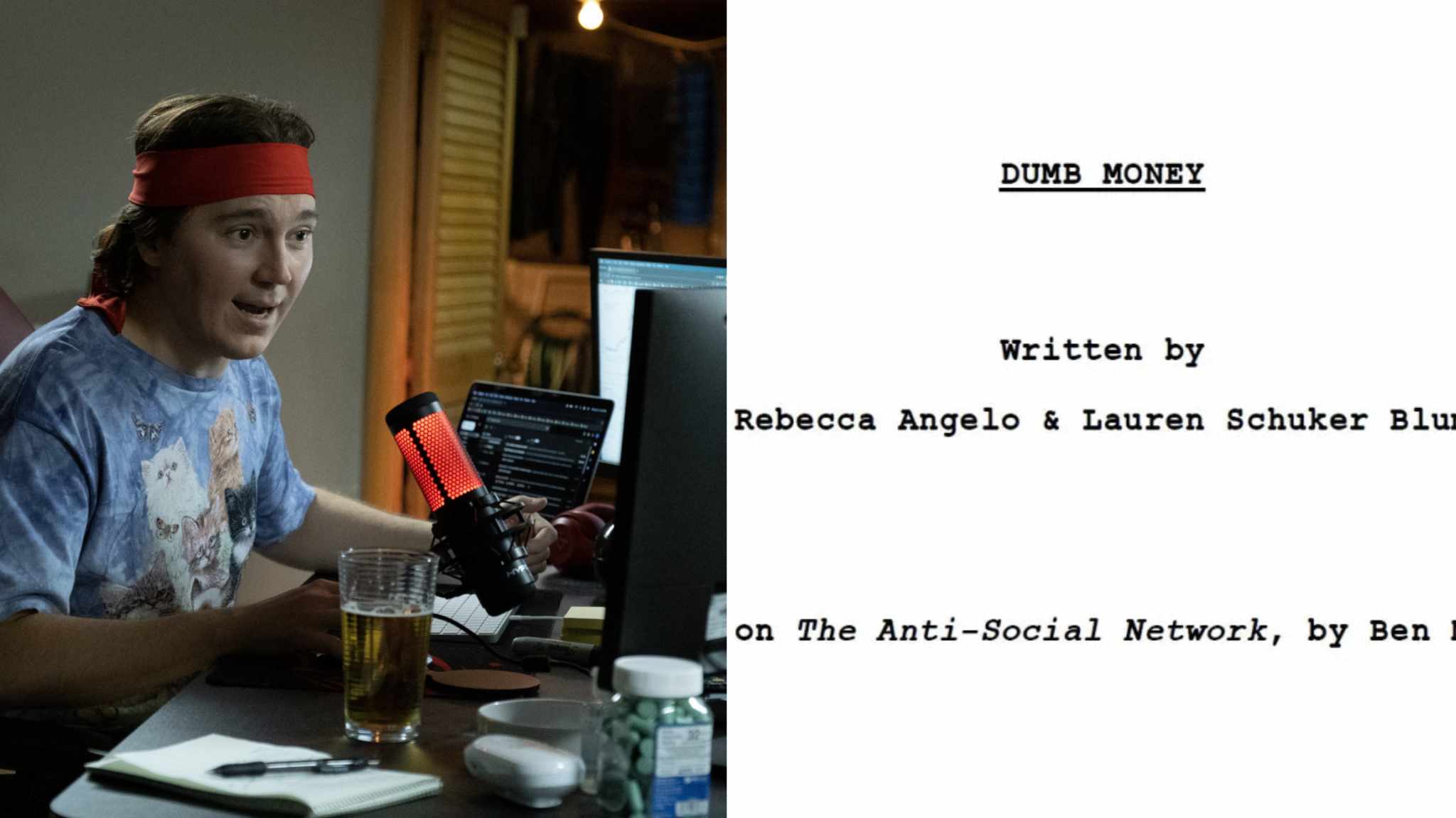 collage immagine e sceneggiatura film dumb money