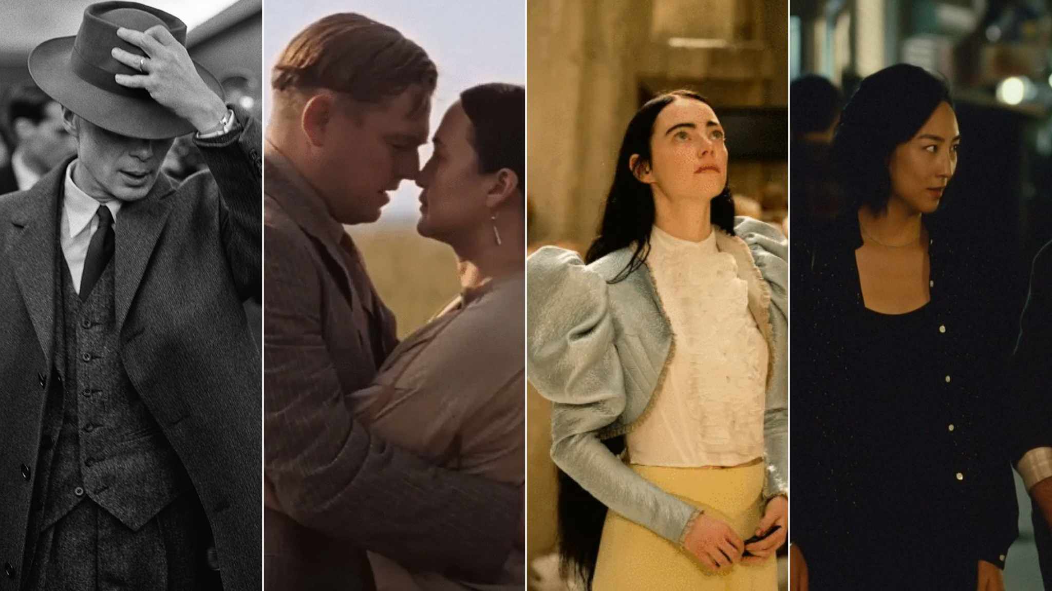 collage immagini film oppenheimer, killers of the flower moon, poor things e past lives