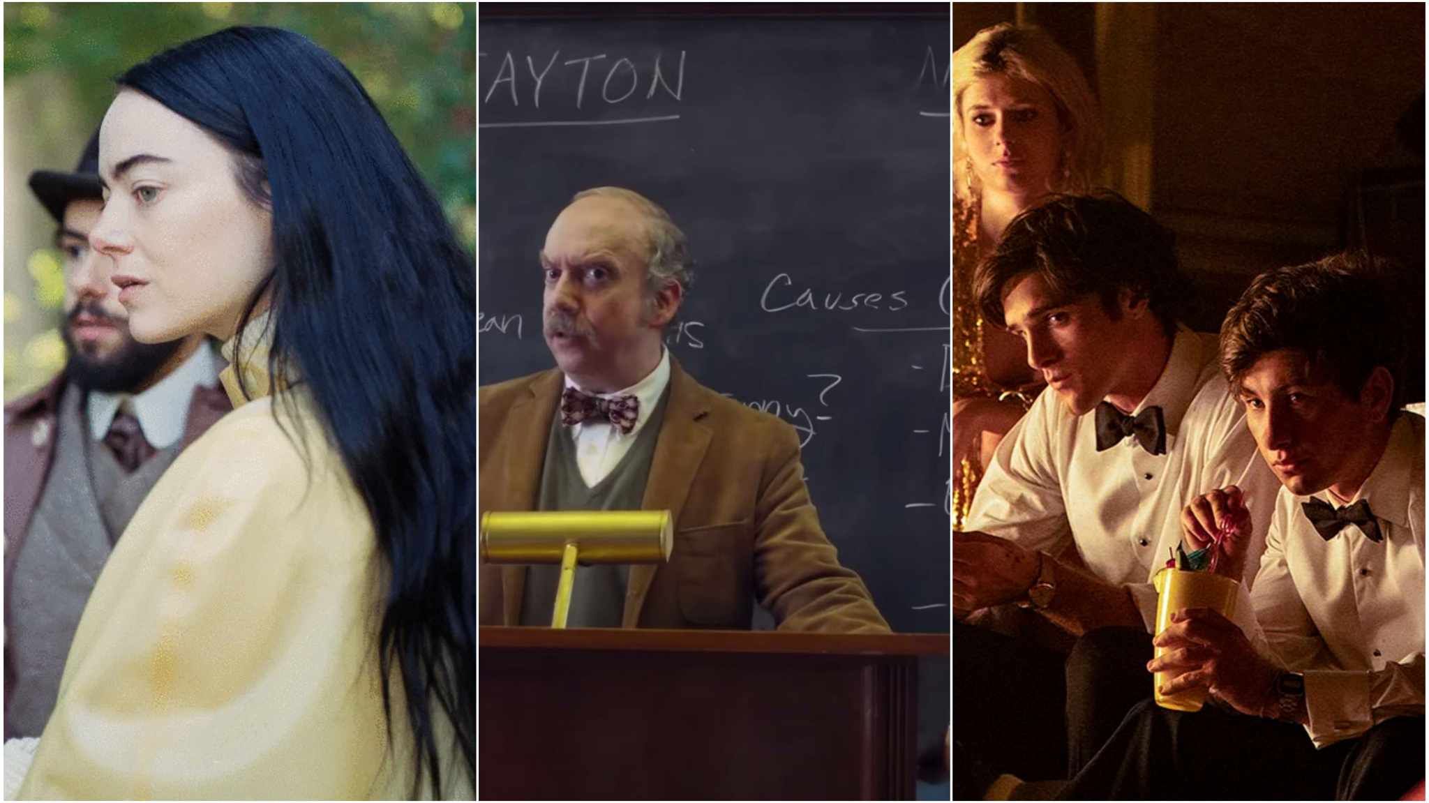 collage immagini poor things, The holdovers e saltburn