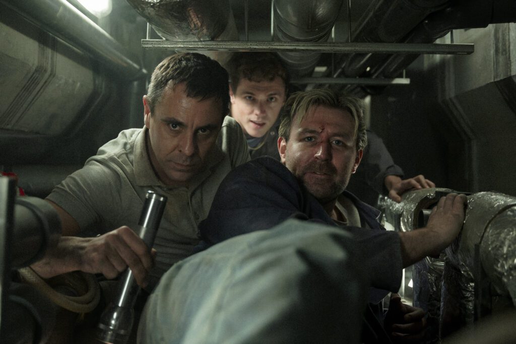 L-R Emun Elliott as Don Logan, Stanley Morgan as Tommy and James McArdle as Gal Dove in Sexy Beast, episode 8, season 1, streaming on Paramount+ 2023. Photo Credit: Matt Towers/Paramount+.