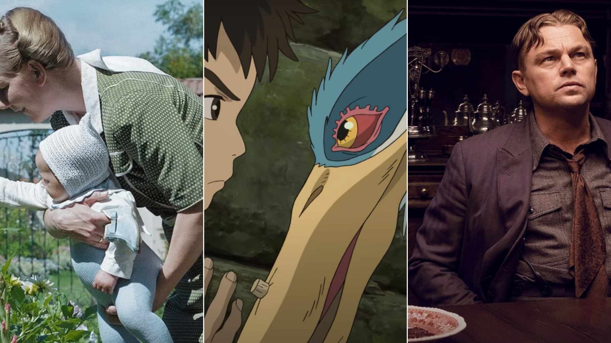 collage immagini film The Zone of Interest, il ragazzo e l'airone e Killers of the flower moon