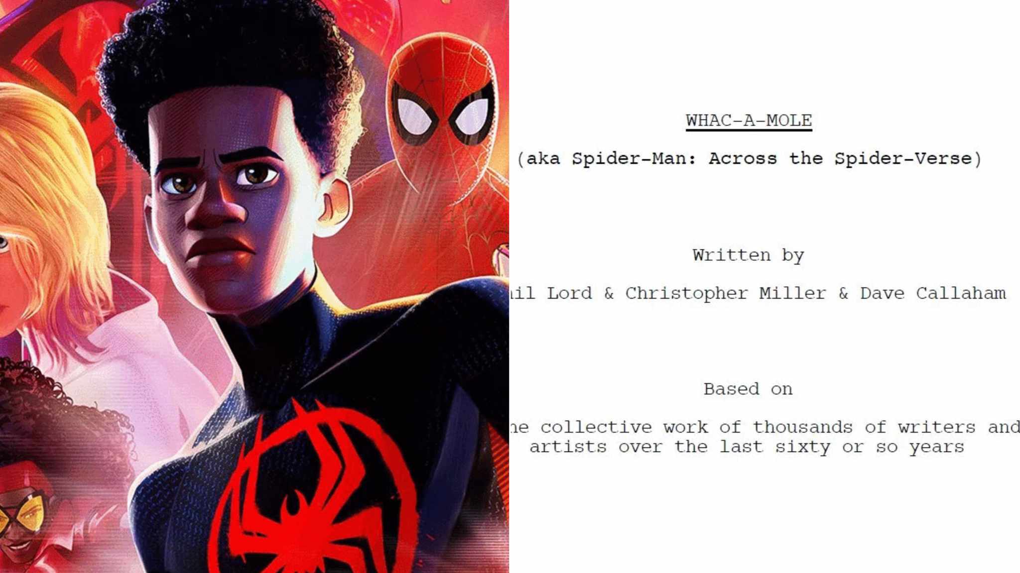 collage immagini spider man across the spider verse e sceneggiatura