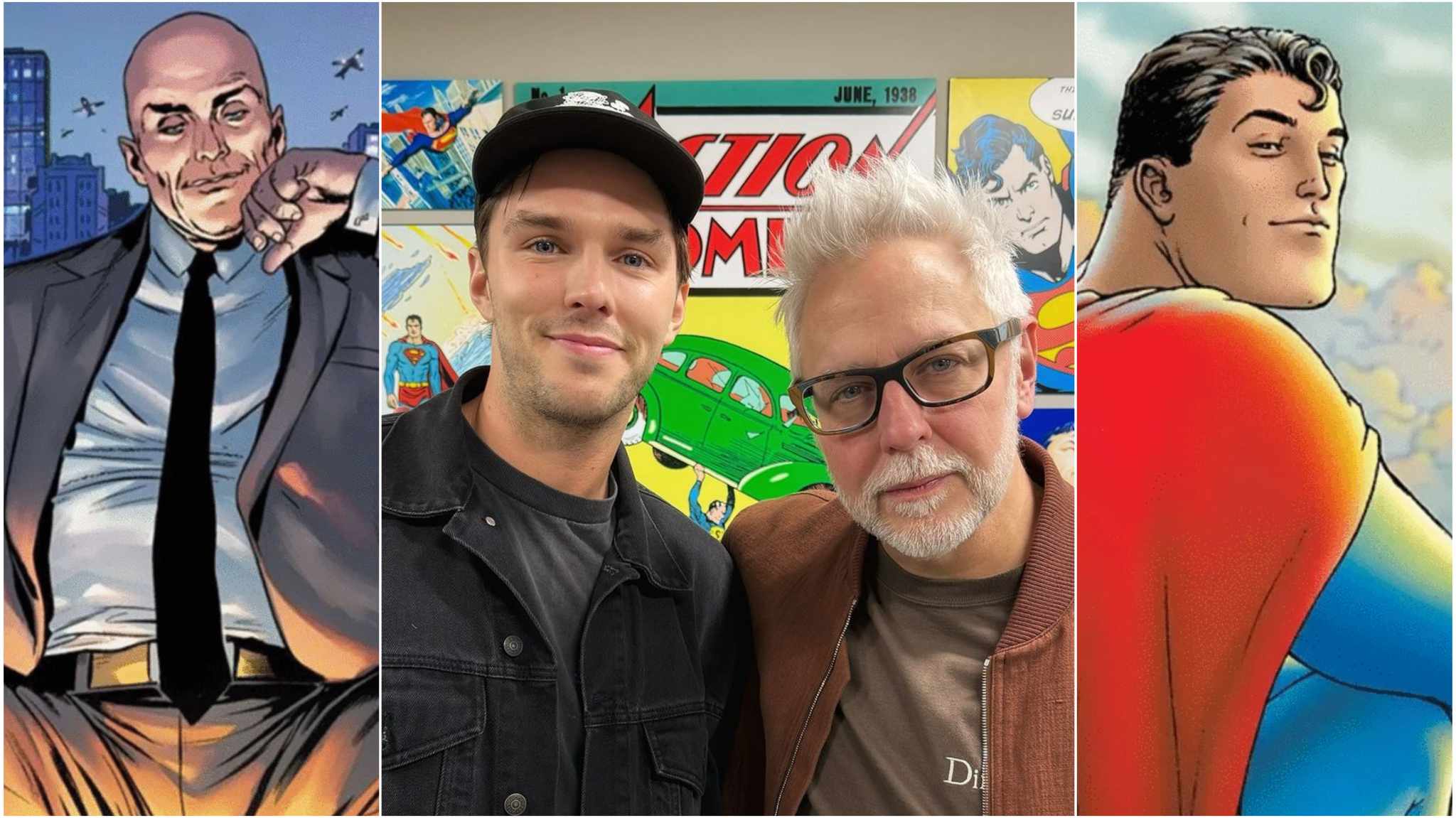 collage immagini superman legacy, james gunn e nicholas hoult