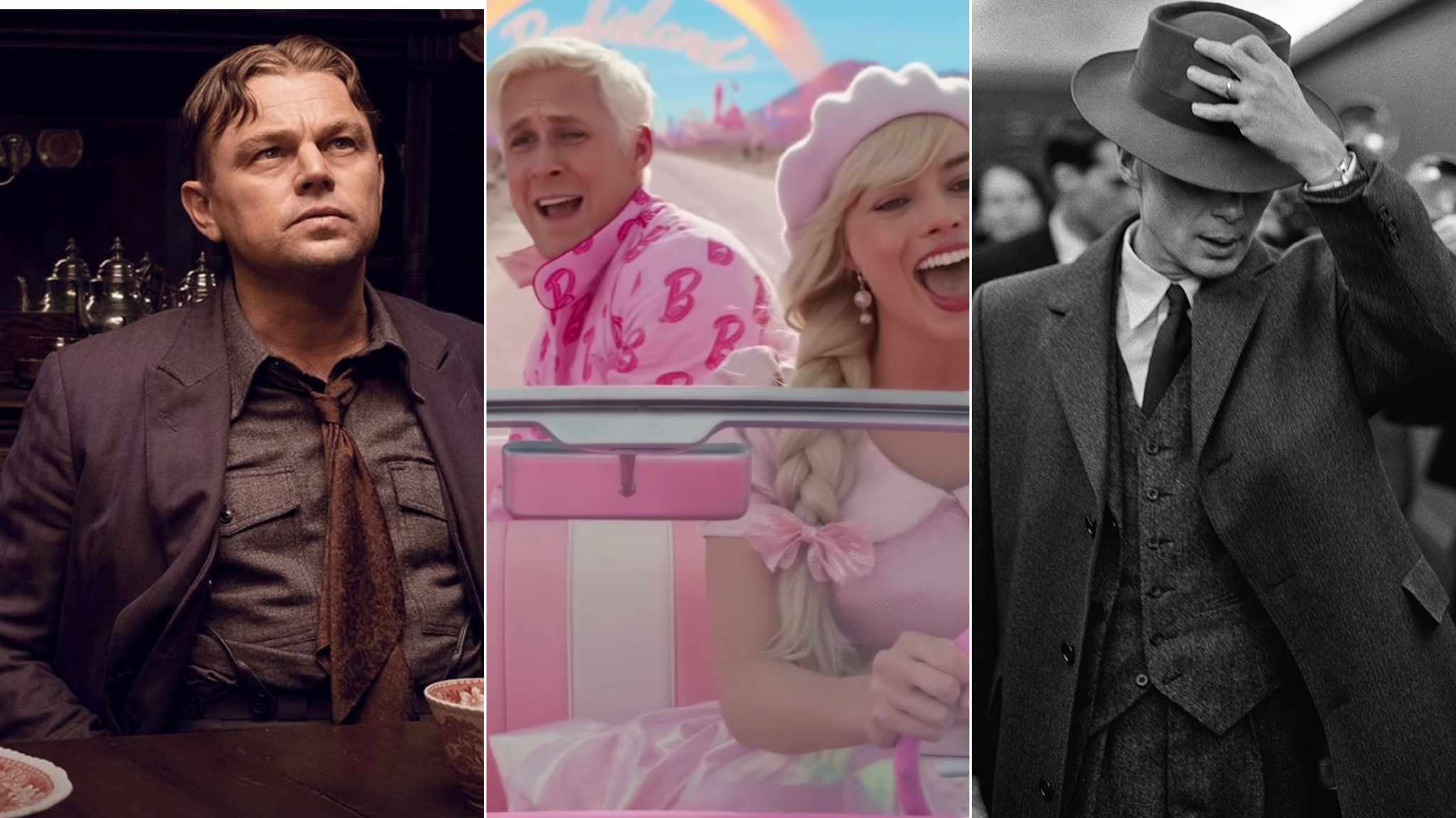 collage immagini killers of the flower moon, barbie e oppenheimer