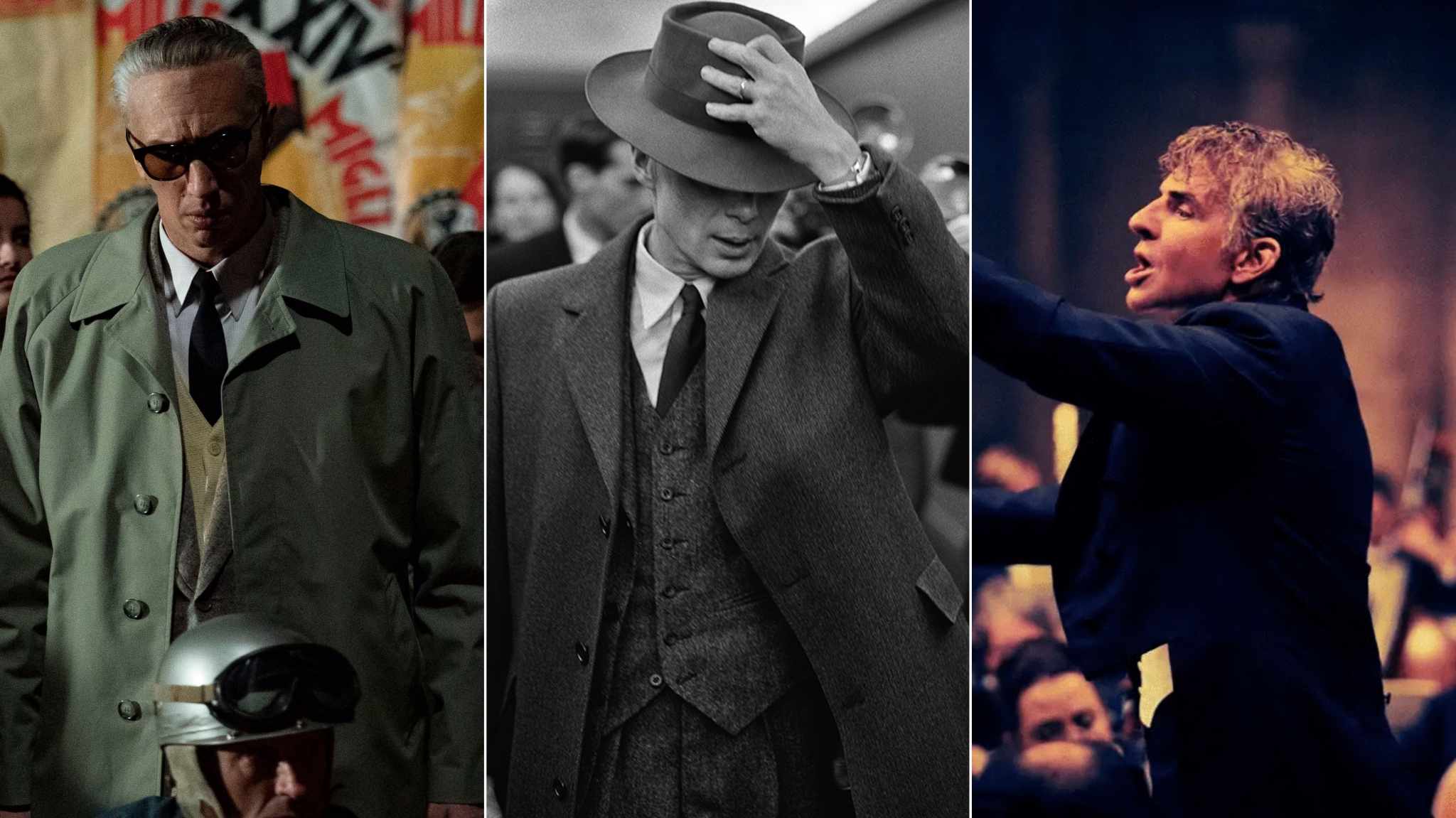 collage immagini film ferrari, maestro e oppenheimer