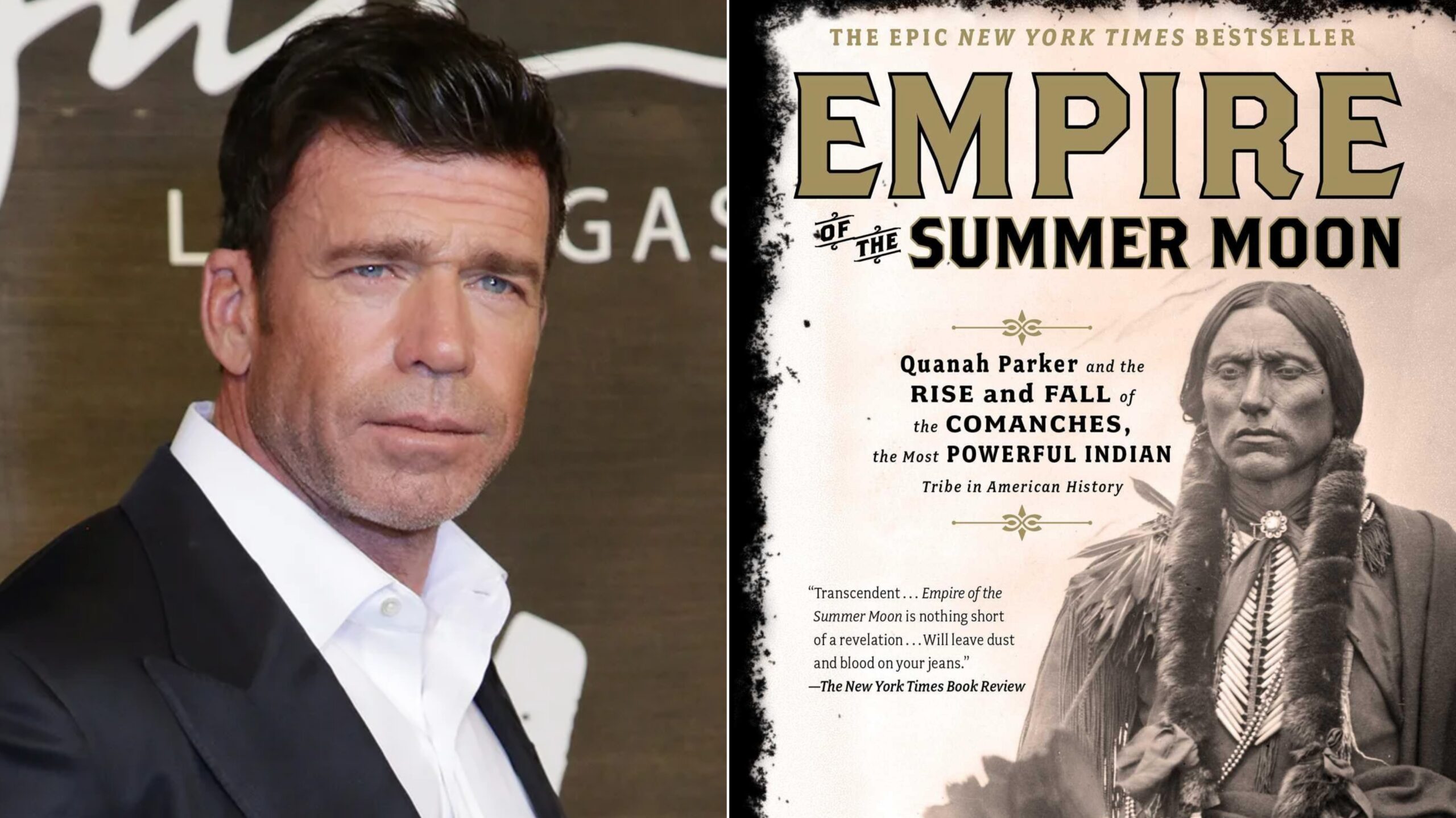 collage immagini taylor sheridan e romanzo empire of the summer moon