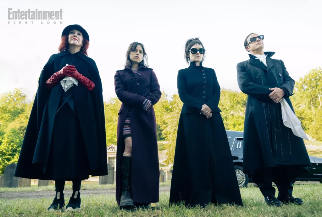 Catherine O'Hara as Delia, Jenna Ortega as Astrid, Winona Ryder as Lydia, and Justin Theroux as Rory in 'Beetlejuice Beetlejuice'. PARISA TAGHIZADEH/WARNER BROS.