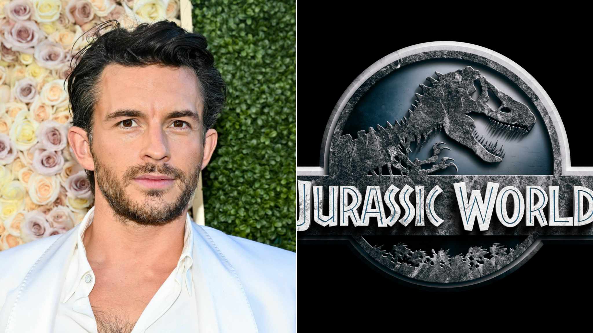 collage immagini Jonathan Bailey e logo Jurassic World