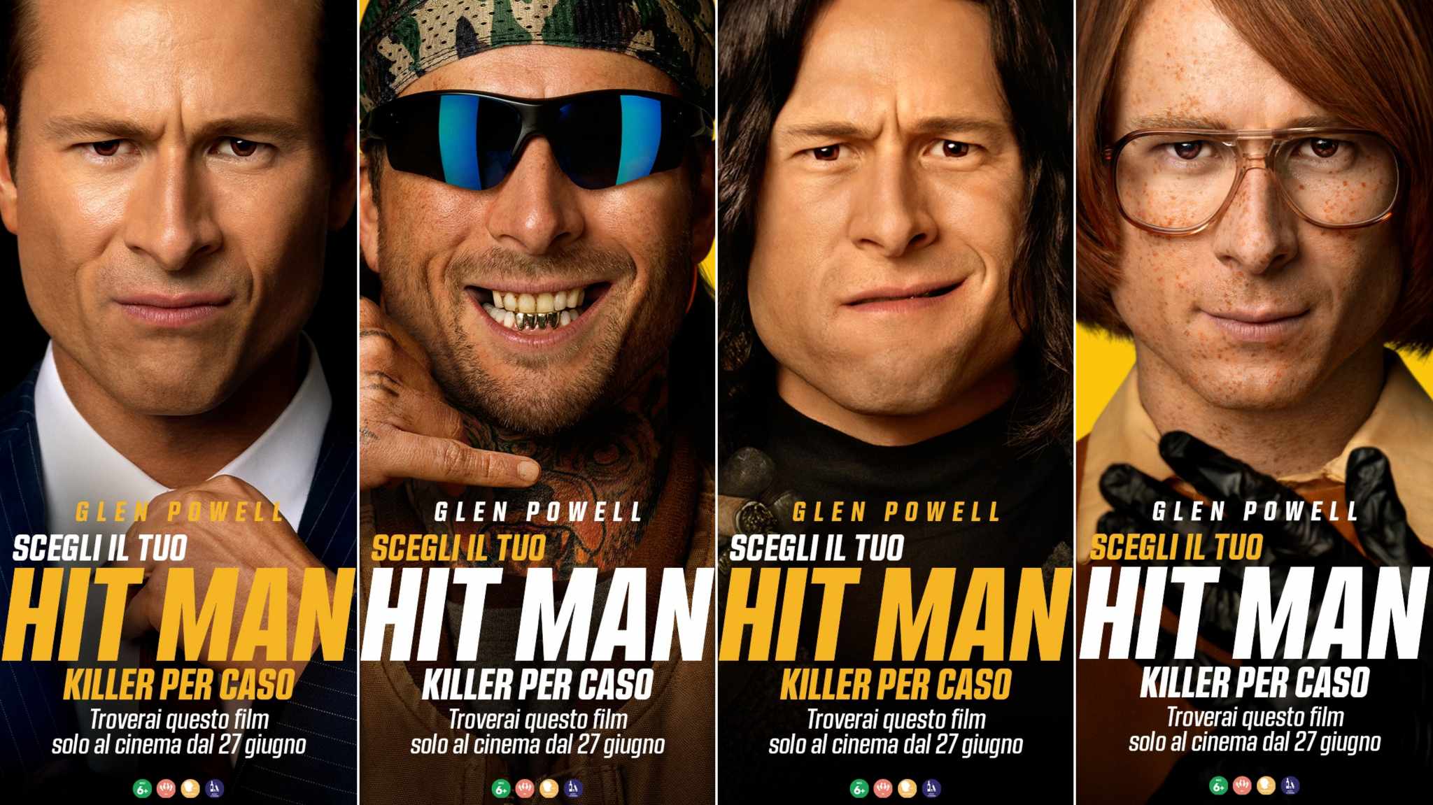 cover poster personaggi di glen powell in hit man