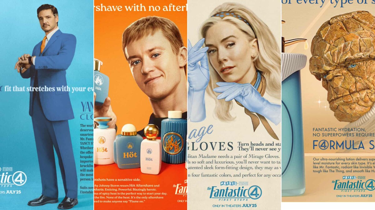 I Fantastici 4: Gli inizi, i protagonisti pubblicizzano alcuni articoli nei poster a loro dedicati