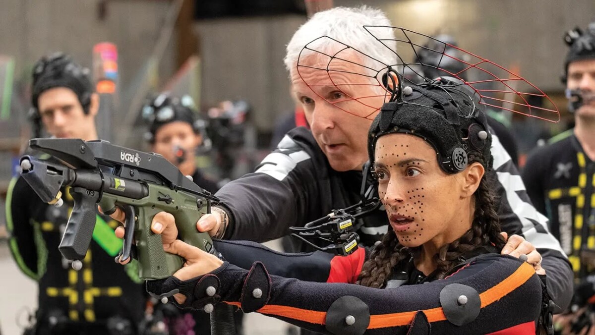 Il regista James Cameron e Oona Chaplin sul set di Avatar: Fuoco e cenere. Mark Fellman/20th Century Studios