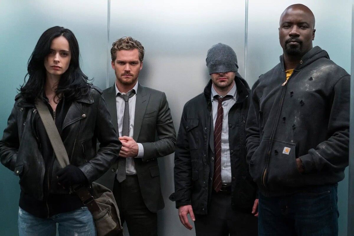 Una scena della serie The Defenders, con Jessica Jones, Iron Fist, Daredevil e Luke Cage