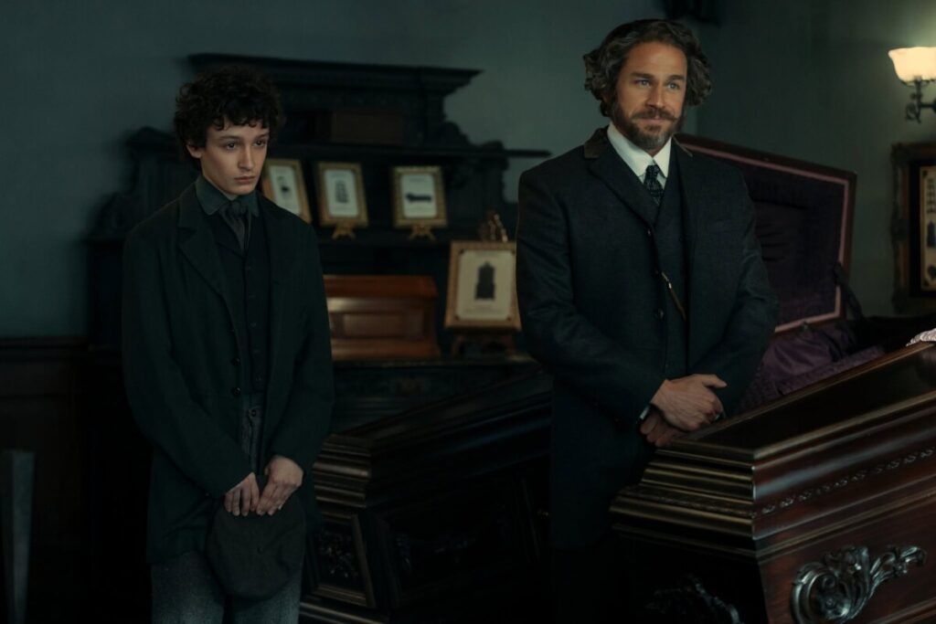 Monster: The Lizzie Borden Story. (L to R) Oliver Spenceman as Stephen, Charlie Hunnam as Andrew Borden in episode 401 of Monster: The Lizzie Borden Story. Cr. Suzanne Tenner/Netflix © 2026